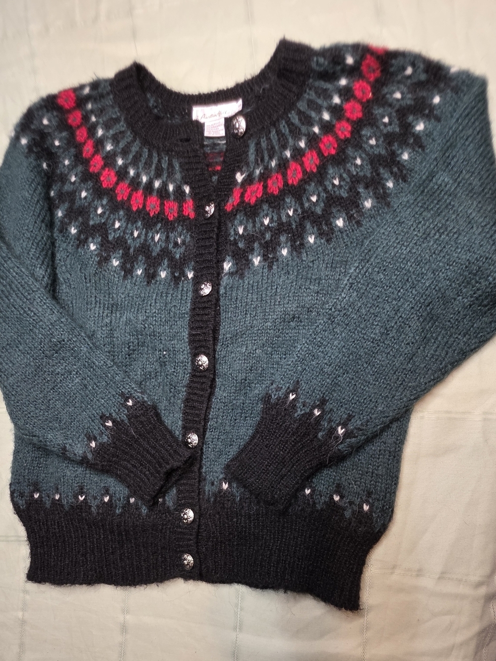 Austin Hill Vintage Mohair Wool Blend Fair Isle Cardigan Sweater Teal Small